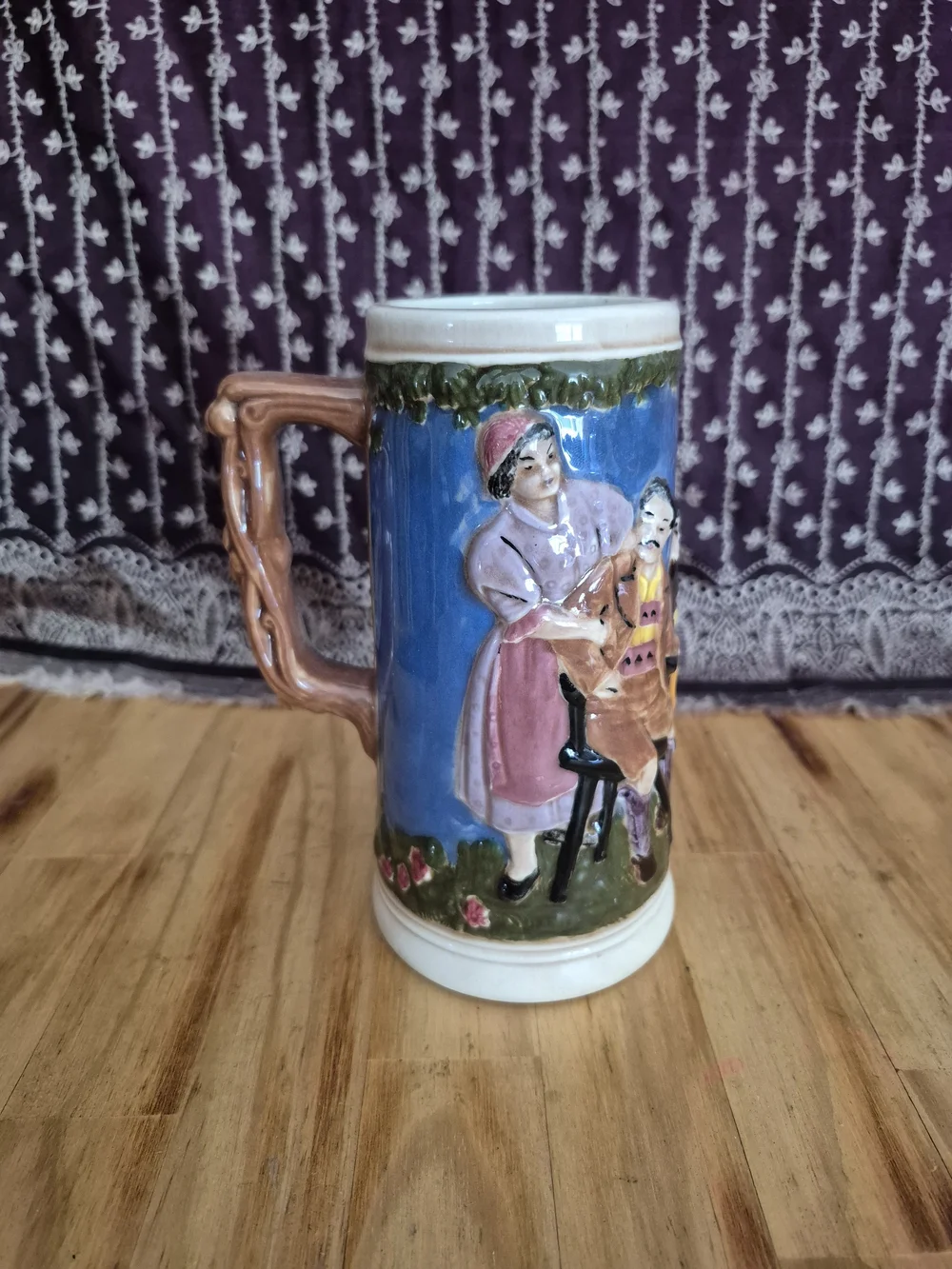 Hand-Painted Ceramic Figural Beer Stein in Blue and Pink